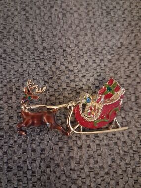 Vintage Gold-Tone Reindeer With Red and Green Enamel Sleigh Brooch